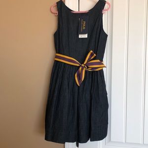 Polo Ralph Lauren Girls denim fit and flare dress, indigo blue with sash waist